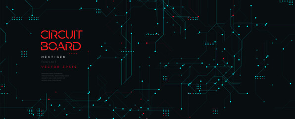 Fototapeta premium Futuristic Micro Circuit Board Background with Glowing Tech Lines and Digital Data Connections on Dark BG. HighTech Cyber Network Pattern. Micro Processing Concept and Cyberspace. Vector Illustration