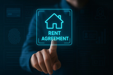 Digital Rent Agreement Icon Interface with Futuristic Touchscreen Elements for Real Estate, Leasing, Identity Verification and Secure Contract Signing