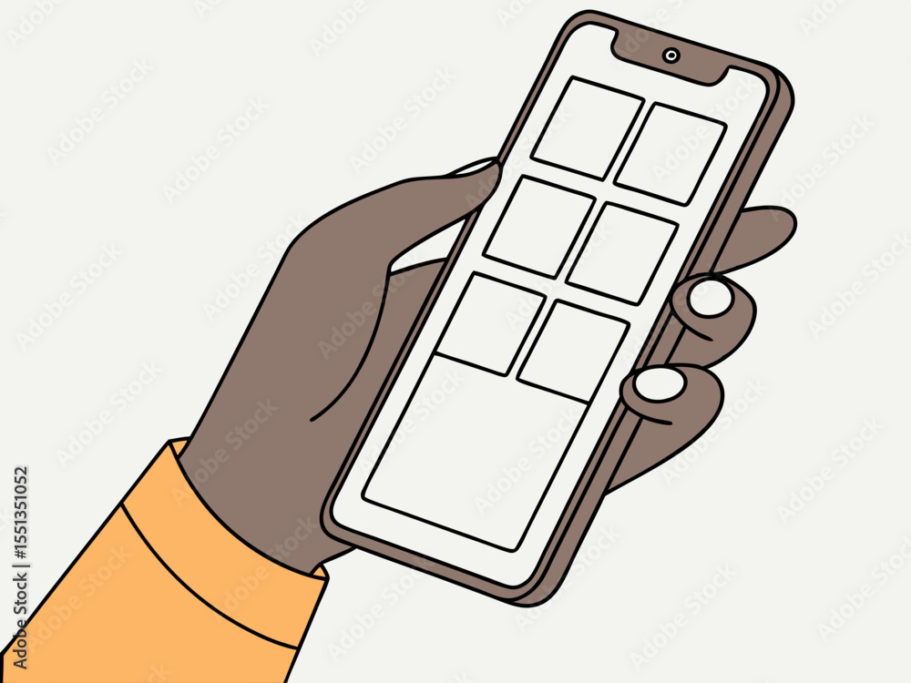Poster a hand holds a smartphone displaying a grid of blank app icons