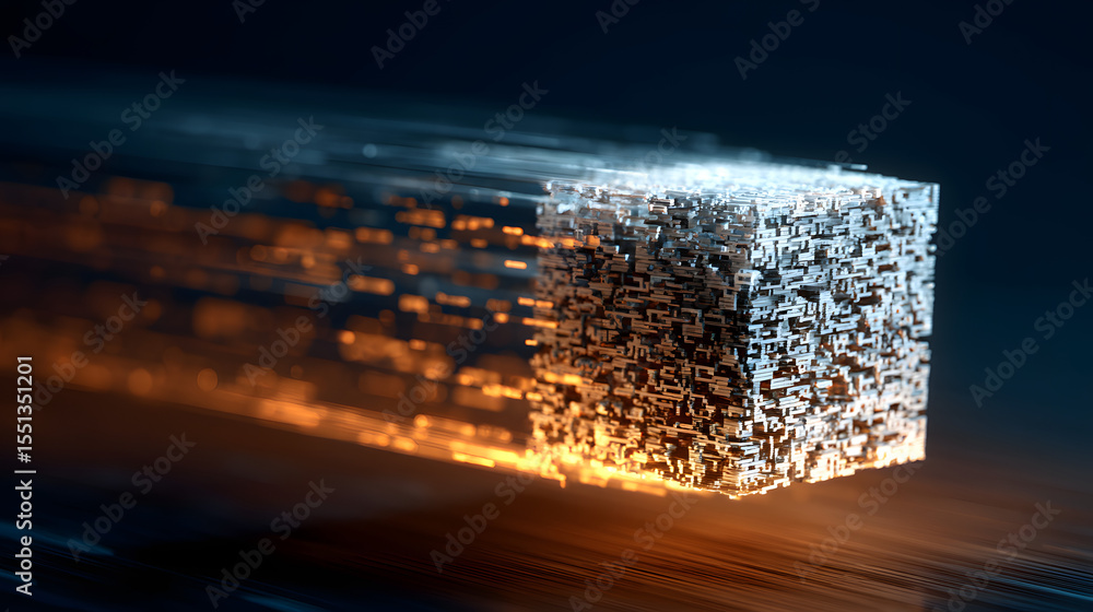 Poster abstract technological cube: a dynamic 3d rendering showcases a pixelated cube, pulsating with energ