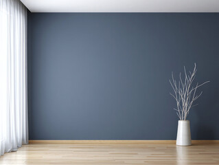 Empty modern room with a large blue wall light wood floor and sheer white curtains with a vase of branches
