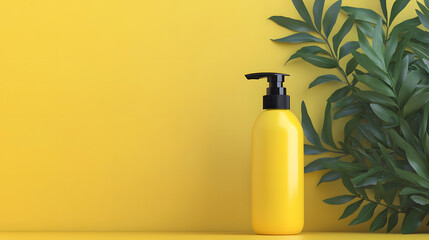 Yellow shampoo bottle with black pump on vibrant yellow background, accompanied by green leaves, creating fresh and eco friendly vibe