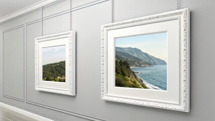 Wall-mounted photo frames showcasing scenic landscape prints
