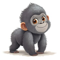 Charming Gray Baby Gorilla Cartoon Character on White Background