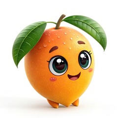 Charming Mango Character with Big Eyes, Green Leaves and Water Droplets on White
