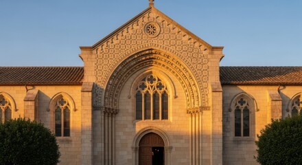 Fototapeta premium Magnificent Romanesque Church Facade Bathed in Golden Hour Sunlight with Intricate Stone Carvings and Gothic Windows
