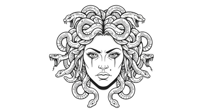 A striking black and white vector illustration of Medusa, the mythical Gorgon from Greek mythology