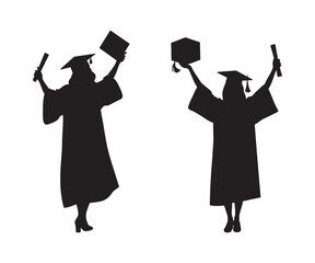Female graduate Silhouette set. with arms raised in a victory pose. Vector illustration