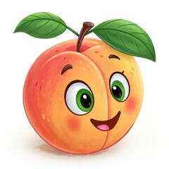 Charming Peach Cartoon Character with Happy Expression and Green Leaves on White