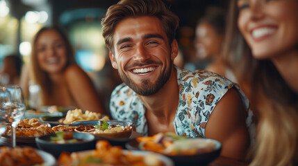 Obraz premium Group of Friends Enjoying a Lively Dinner at a Restaurant During a Summer Evening Gathering