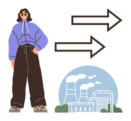 Stylish person in wide pants and sunglasses near two arrows and industrial factory emitting smoke. Ideal for pollution awareness, fashion trends, direction, industry impact, youth culture