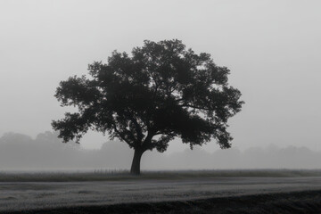 striking silhouette of tree emphasizing intricate shape of its roots set against soft ethereal fog