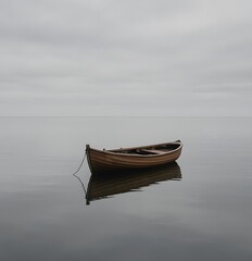 Obraz premium Lonely Wooden Rowboat on Calm Mirror Sea Under Overcast Sky. Minimalist Tranquil Seascape for Meditation, Mindfulness, and Solitude Themes