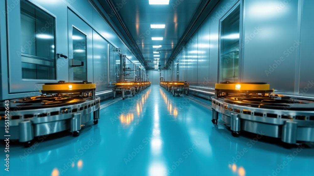 Poster this image showcases a modern automated warehouse, highlighting robotic systems efficiently navigati