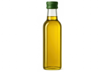 Glass bottle containing olive oil, isolated on transparent background, ideal for mockups and compositions