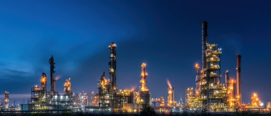 The illuminated oil refinery against a twilight sky with industrial silhouettes.