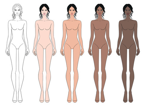 Colored skin tones fashion croquis figurines with messy updo hair woman in vector.