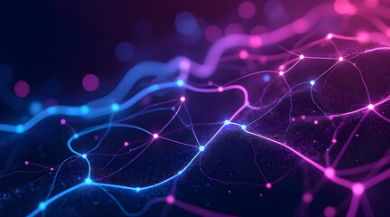 Abstract network of glowing blue and pink lines connecting luminous nodes against a dark background with bokeh effects