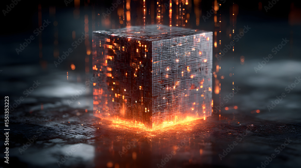 Poster abstract data cube: a luminous abstract data cube, depicting the convergence of technology and innov