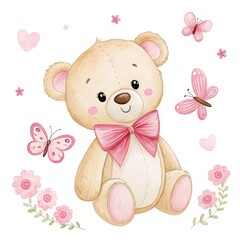 Charming Teddy Bear With Pink Bow, Butterflies and Flower, On White