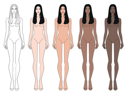 Colored skin tones fashion croquis figurines with straight long hair woman in vector.