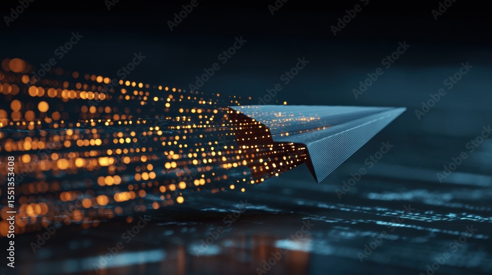 Aufkleber clay paper airplane soars through a vibrant digital data stream amidst glowing particles and a futur
