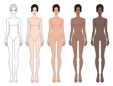 Colored skin tones fashion croquis figurines with updo hair woman in vector