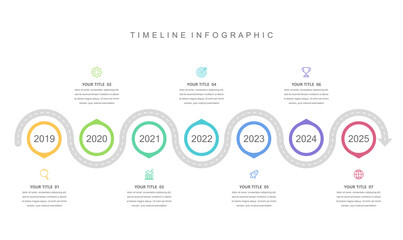 Obraz premium Business road map timeline infographic concept. with icons and 7 steps. Can be used for workflow layout, icons, arrow, diagrams. annual report and Milestone information. Vector illustration.