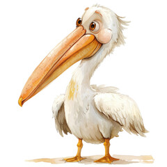 Whimsical watercolor illustration of a cartoon pelican isolated on transparent PNG background. Idea for kids' craft.