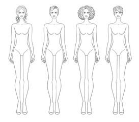 Fashion outline sketch croquis figurines female body with different hairs in vector.