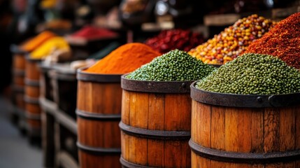 An enticing display of vibrant spices in wooden barrels, showcasing a warm array of colors, inviting visitors to explore the rich flavors and traditions of the market experience.