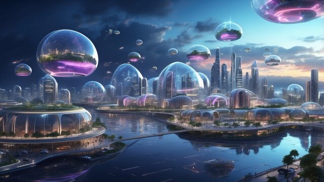 Futuristic Metropolis Illuminated by Bioluminescent Structures and Floating Spheres Against a Dramatic Twilight Sky