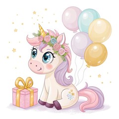 Charming Watercolor Unicorn with Balloons and Gift on a Transparent Background