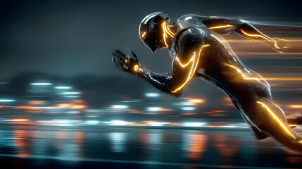 Futuristic Runner: Capturing the essence of speed and power, a technologically advanced runner strides forward with radiant energy trails, against a backdrop of a dynamic cityscape.
