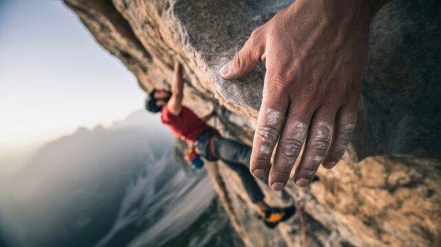 Caucasian male adult rock climber scaling mountain cliff with chalked hands - Powered by Adobe