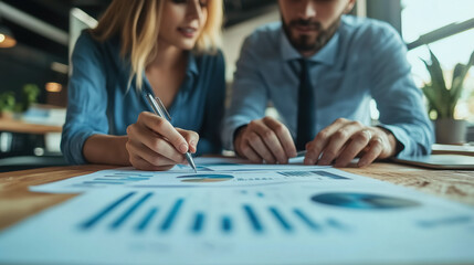 a man and woman analyzing marketing reports together