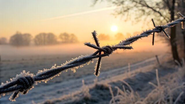 Frost-covered barbed wire at sunrise — sharp and delicate contrast