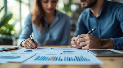 a man and woman analyzing marketing reports together