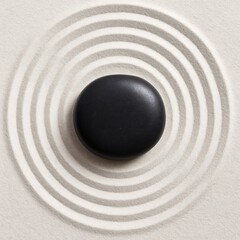 Naklejka premium Zen Garden with Black Stone and Raked Sand Circles, Minimalist Meditation Concept, Japanese Style, Top View, High Realism, AI Generated