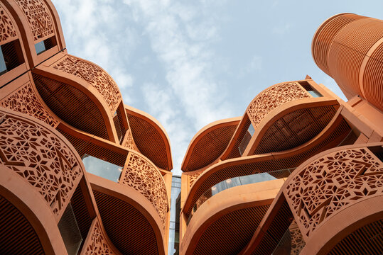 Modern Middle Eastern architecture. Unique building design in Masdar City. High quality photo