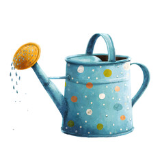 Watercolor Watering Can with Polka Dots and Dripping Water on Transparent Background illustration blue
