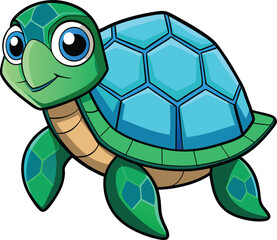 Cheerful Turtle Illustration: An adorable cartoon turtle with big, bright eyes and a charming smile, showcasing a vibrant blue shell and a friendly demeanor.