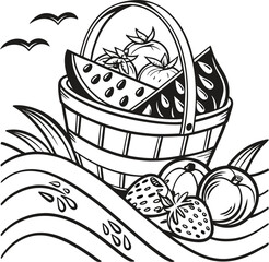 Here's a vector illustration of a sweet dessert cake with berries and a fruit salad on an abstract background