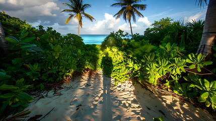 Sunset casts a warm glow on tropical palm trees silhouetted against the sky at a serene beach