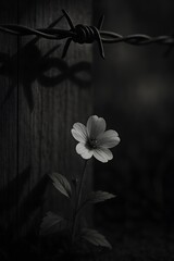 Obraz premium Delicate Wildflower Beneath Barbed Wire Shadow, Hope and Contrast in Harsh Surroundings
