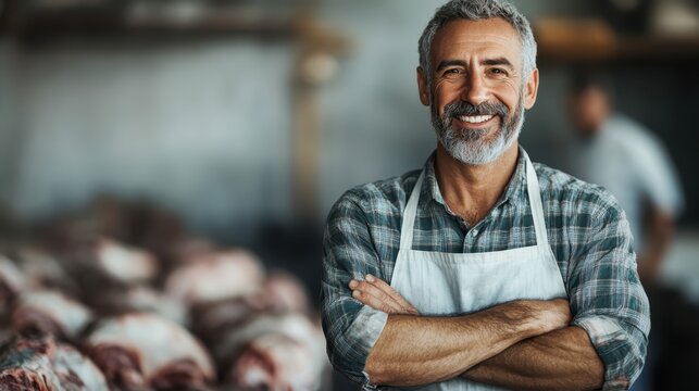 A smiling butcher poses proudly in a rustic meat shop filled with fresh cuts, showcasing a blend of tradition and skill, emphasizing quality and craftsmanship in food preparation.