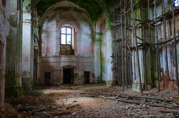Devastation in abandoned Church of St. Anthony in the agrotown of Knyazhitsy, Mogilev region,...