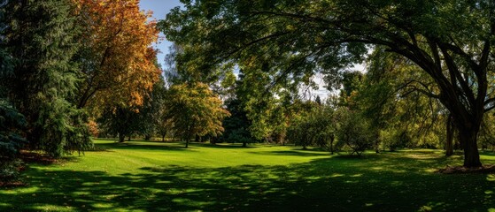 Fototapeta premium The Vibrant Landscape of a Peaceful Park Surrounded by Majestic Trees