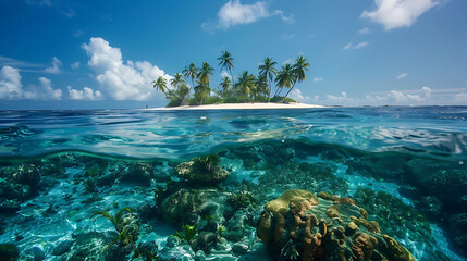 A stunning tropical island paradise with blue ocean water, white sand beaches, and palm trees under a summer sky, perfect for a relaxing vacation