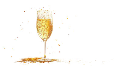 Elegant New Years Eve champagne glass filled with golden bubbles symbolizing celebration and refined festivity isolated on transparent background PNG